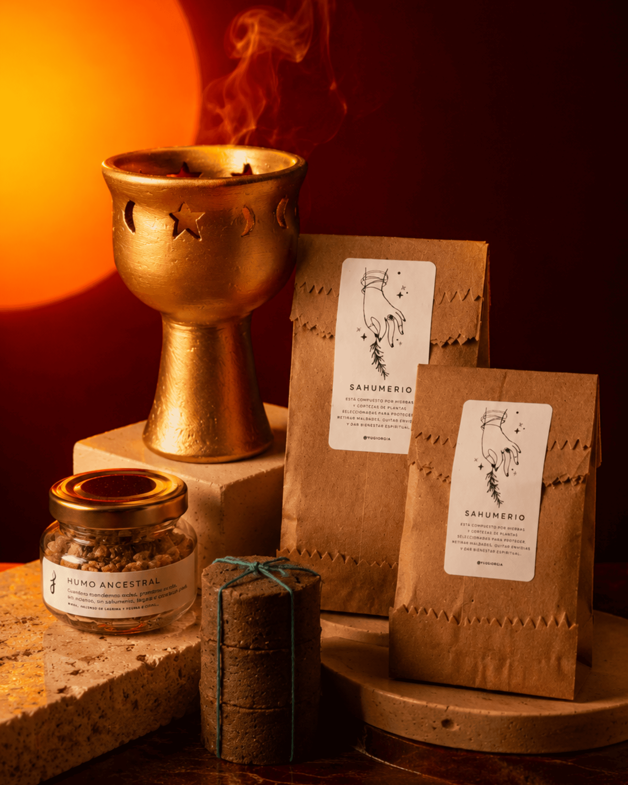 Kit de sahumado Humo Ancestral: Copalera de barro artesanal + sahumerio preparado + resinas de copal mirra e incienso de lágrima + carbones vegetales