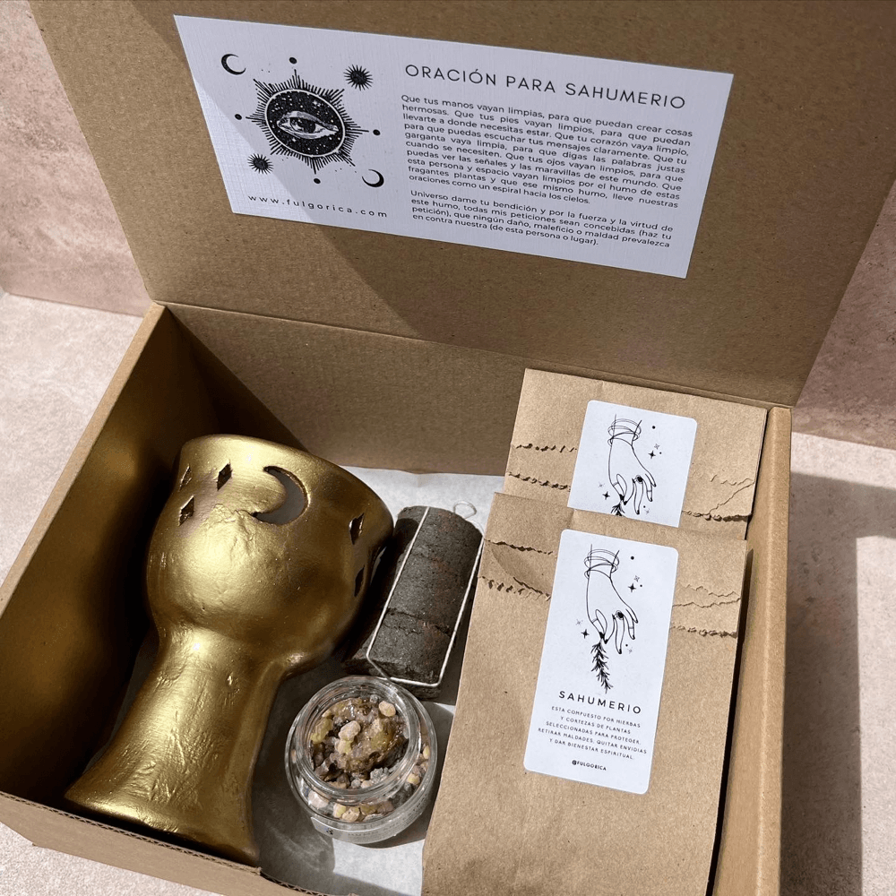 Kit de sahumado Humo Ancestral: Copalera de barro artesanal + sahumerio preparado + resinas de copal mirra e incienso de lágrima + carbones vegetales