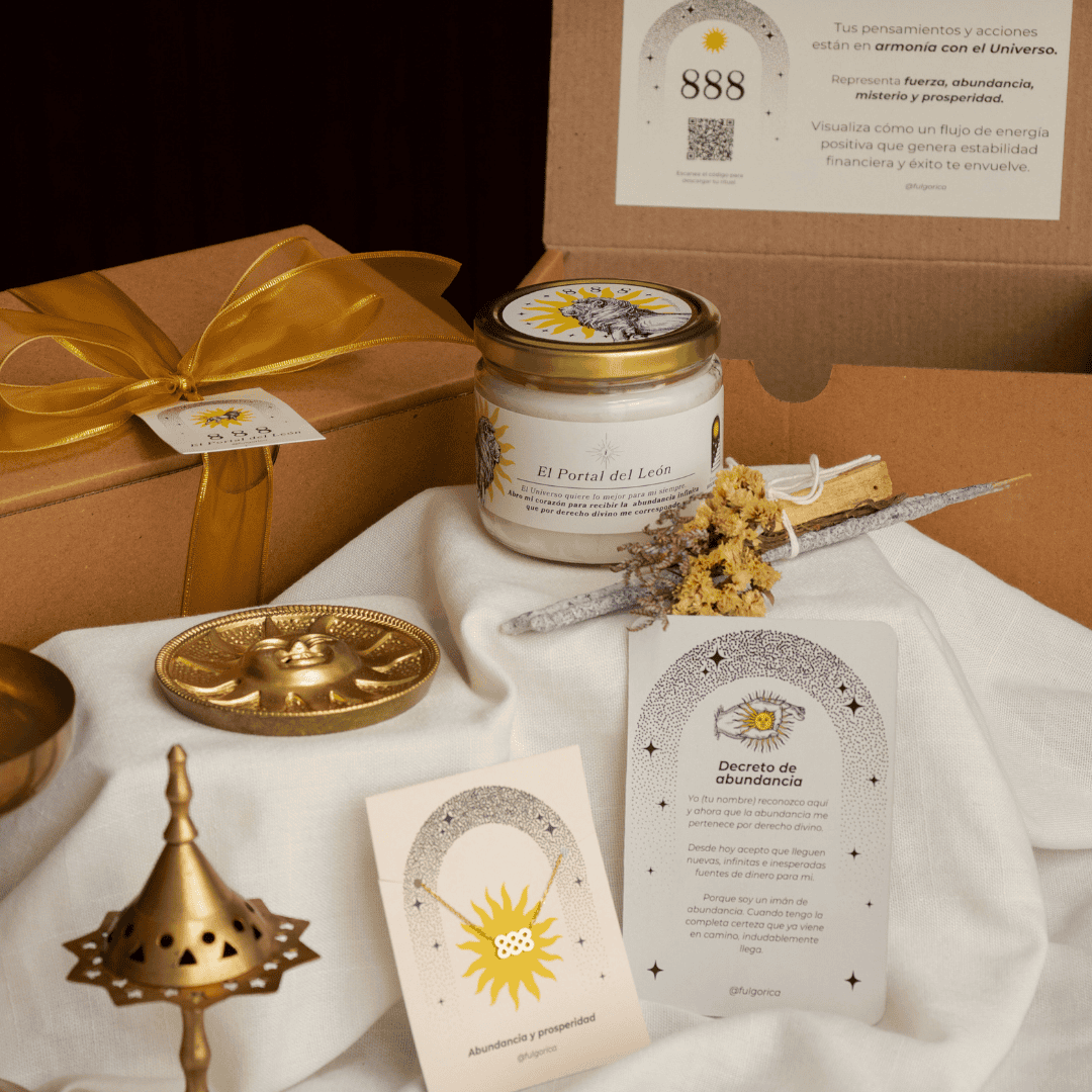 Kit 888: El Portal del León - Vela cera de soya 240 g + incienso resina copal + palo santo + portaincienso + mantra manifestación + ritual